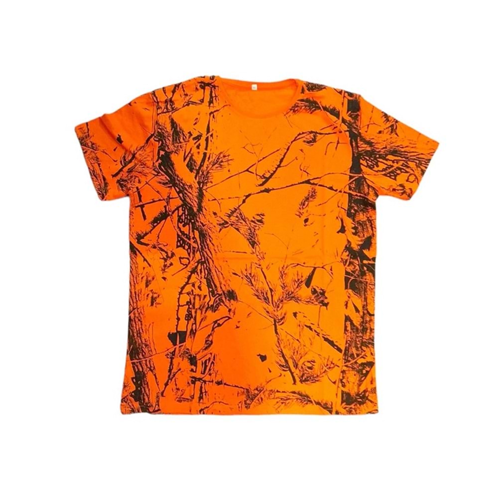 Turuncu Orman Desenli Kısa Kol Yuvarlak Yaka T-Shirt - S