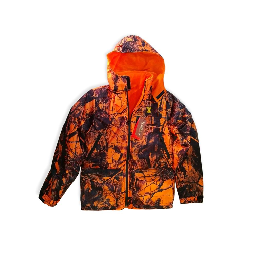 Softshell Turuncu Orman Desenli Kamuflaj Kapşonlu Avcı Montu - 3XL