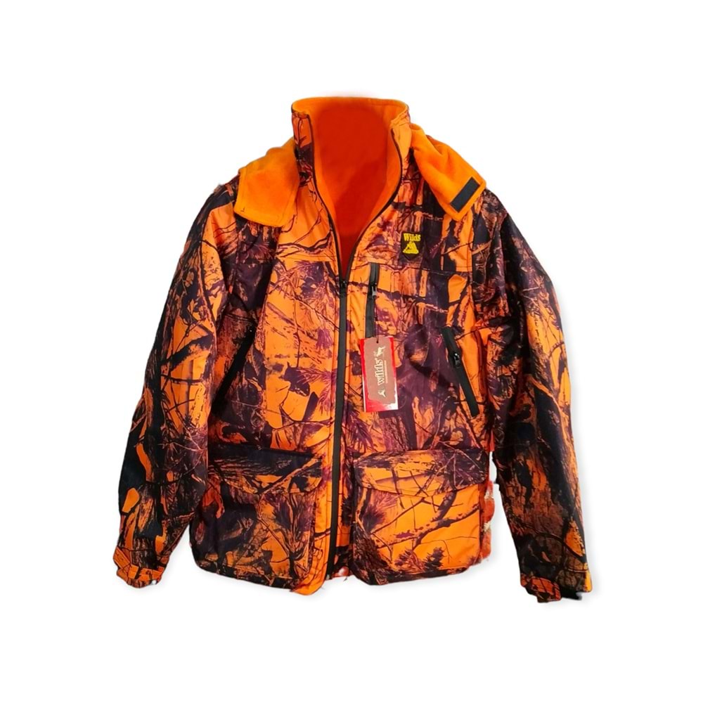 Softshell Turuncu Orman Desenli Kamuflaj Kapşonlu Avcı Montu - 3XL