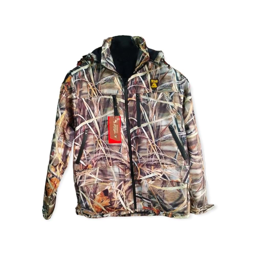 Softshell Sazlık Desenli Kamuflaj Kapşonlu Avcı Montu - L