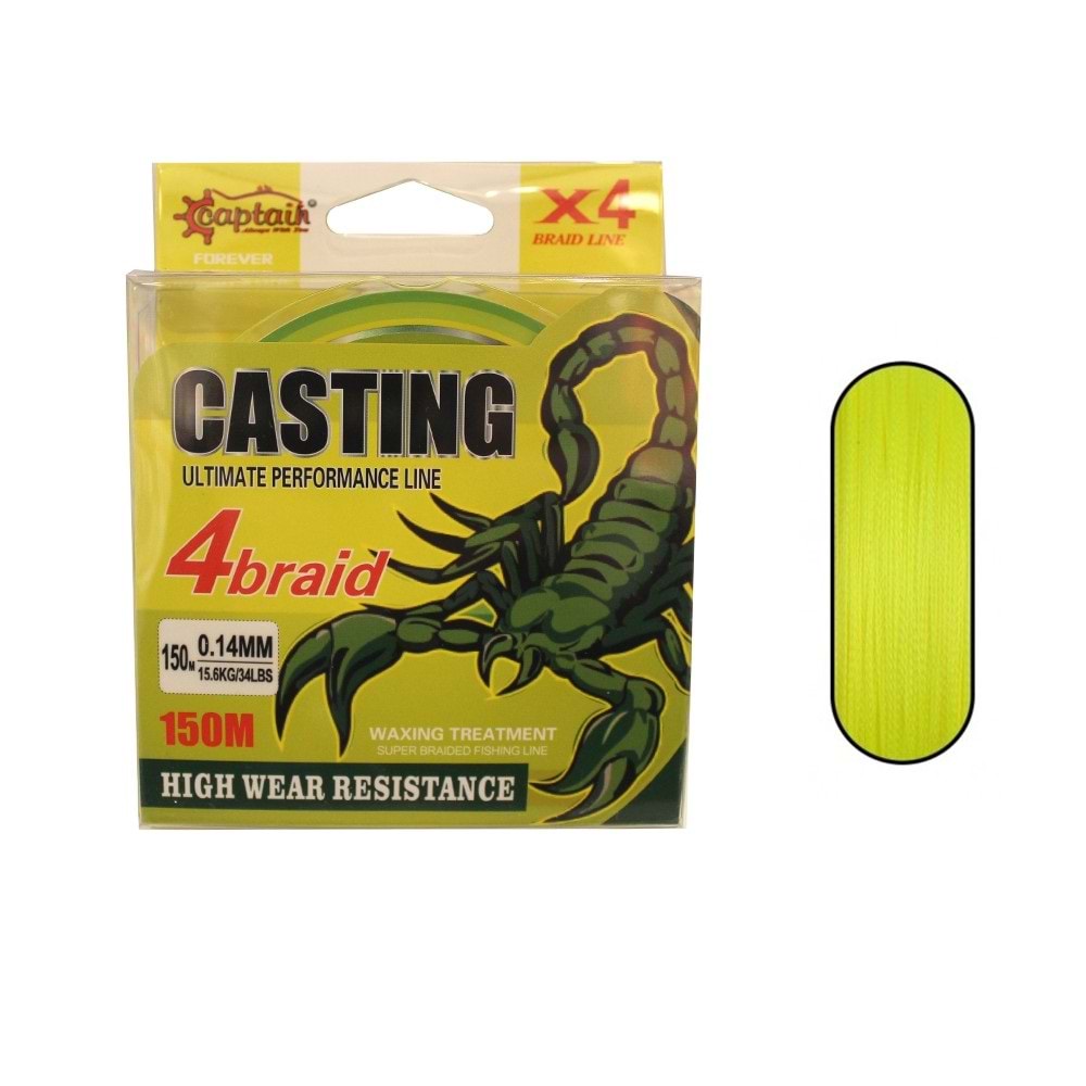 Captain Casting PE 4 Kat Spin İp Misina 150mt Sarı - 0.12MM