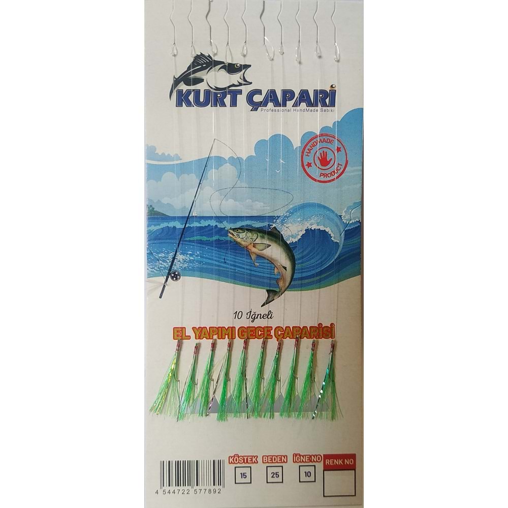Kurt Çapari 10 Numara 10 İğneli Yeşil Simli 0.25 Beden 0.15 Kısa Köstek