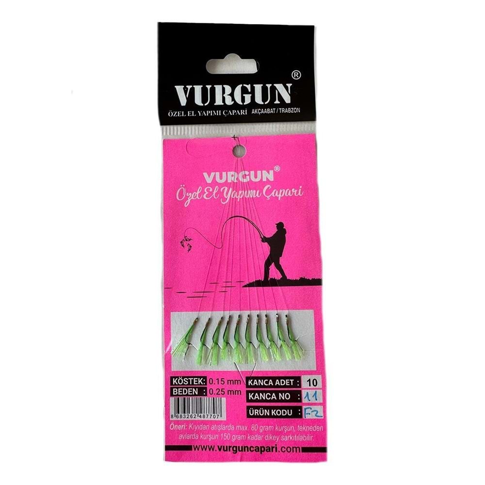 VURGUN 80gr 10 İğneli F2 Kısa Köstek Siyah İğne Yeşil Organze Çapari