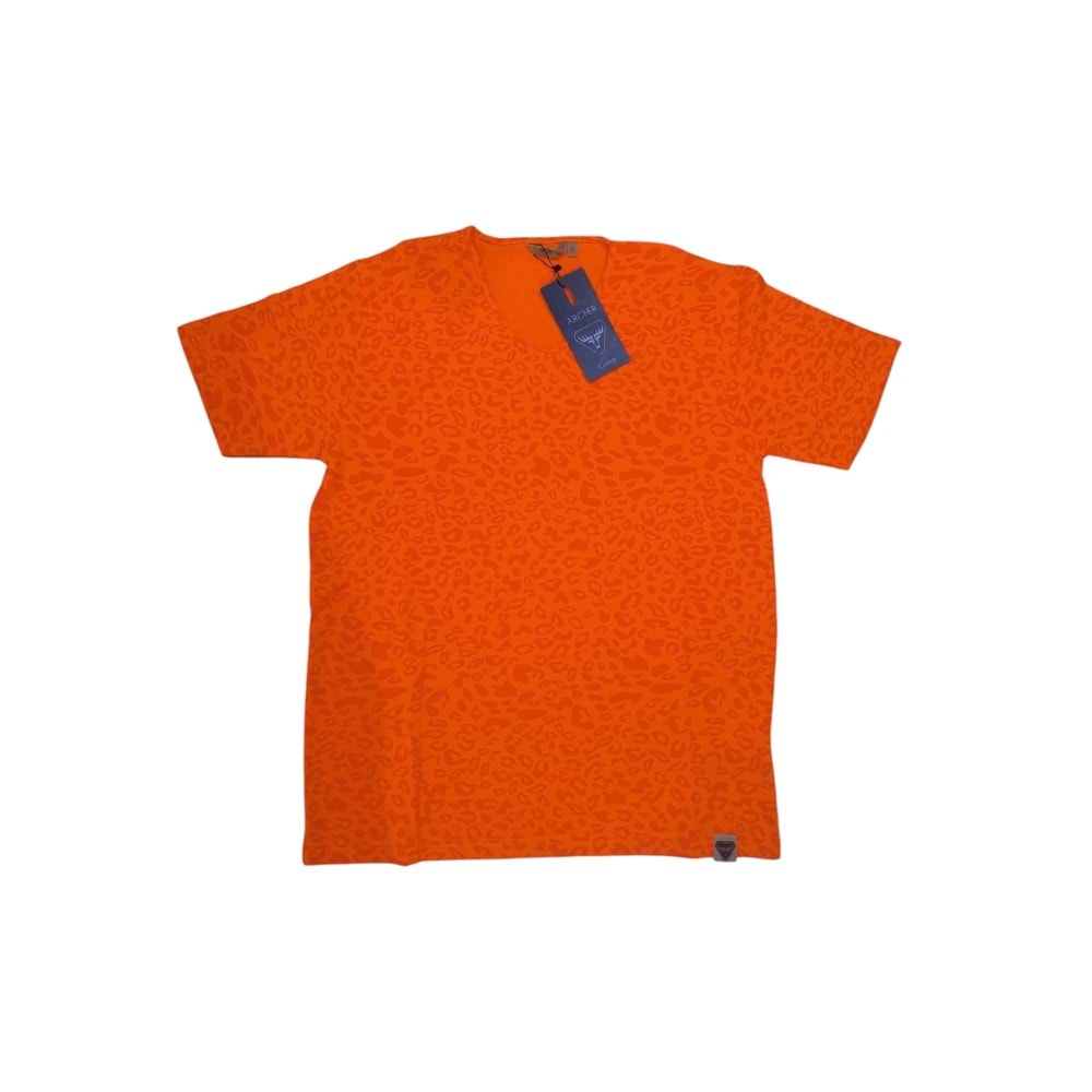 Turuncu Kamuflaj Desenli V Yaka T-Shirt - 3XL