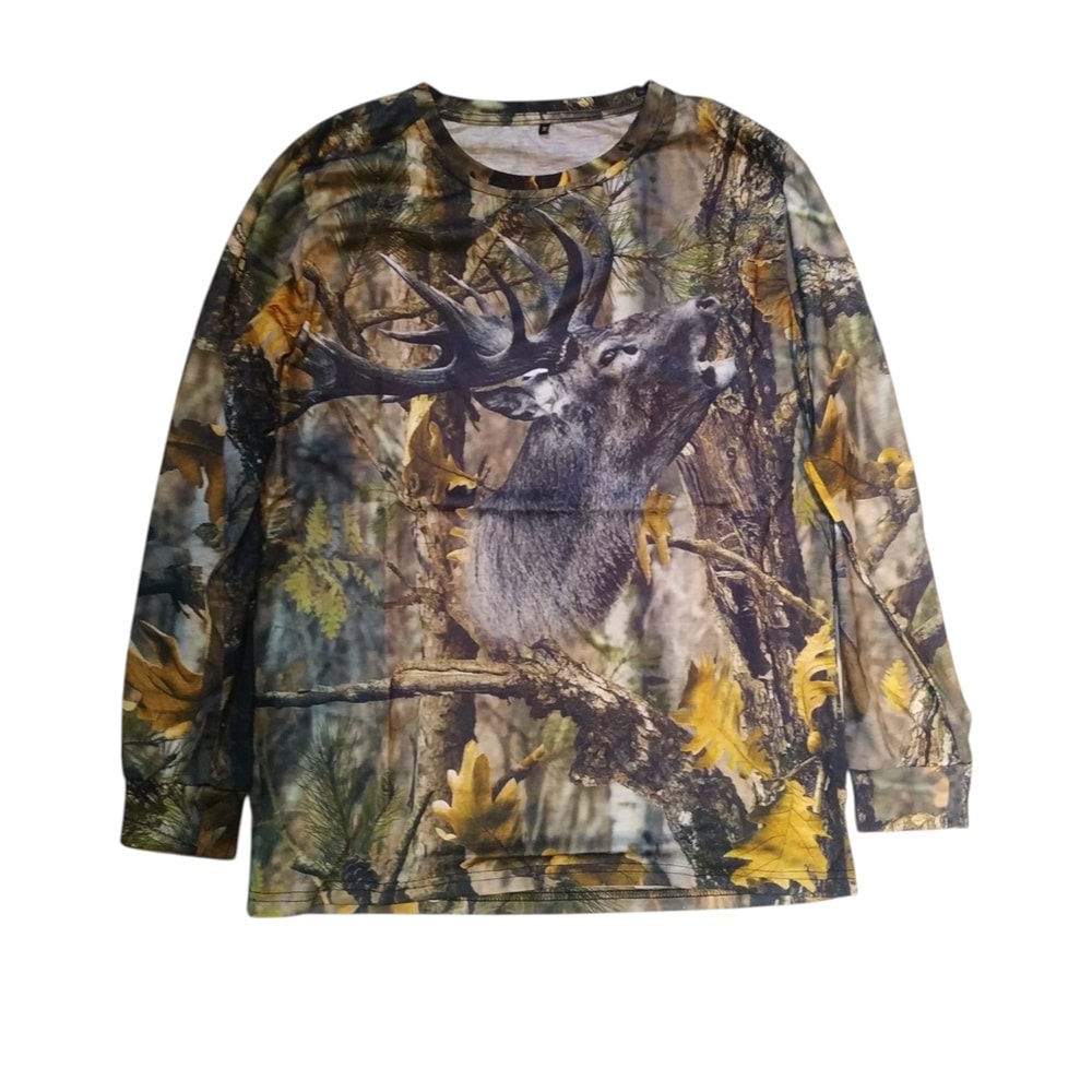 Geyik Desenli Orman Kamuflaj Sıfır Yaka Uzun Kollu Sweatshirt - L