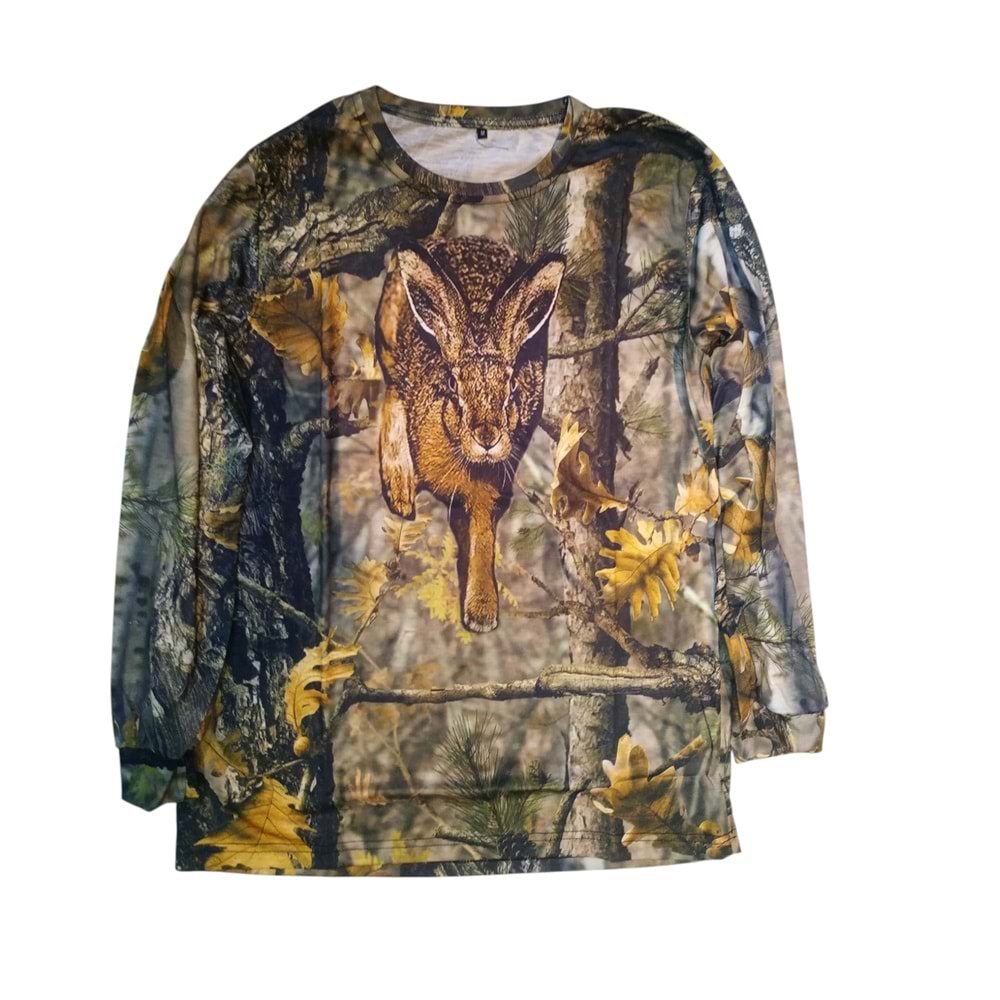 Tavşan Desenli Orman Kamuflaj Sıfır Yaka Uzun Kollu Sweatshirt - 3XL