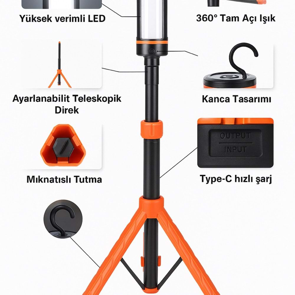 Wison Ws-623 Katlanabilir Tripodlu Şarjlı Kamp Işığı 3500 Lumen LED Fener