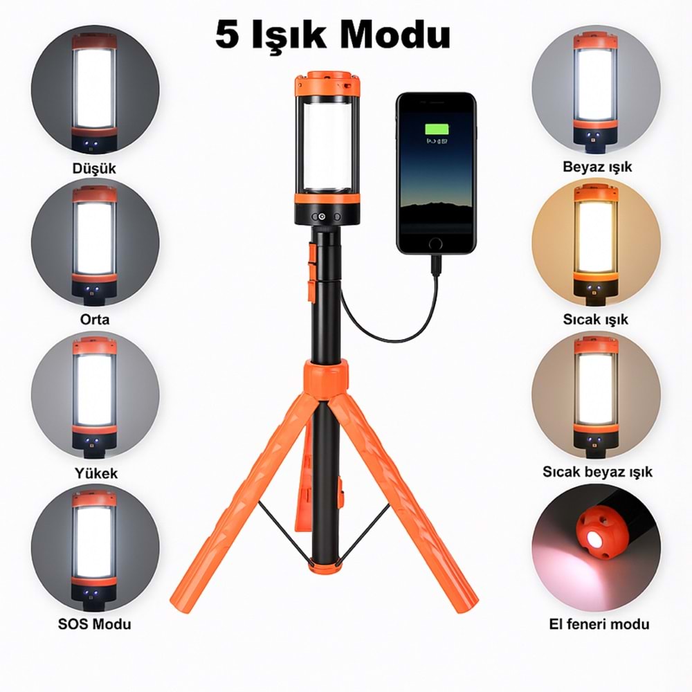 Wison Ws-623 Katlanabilir Tripodlu Şarjlı Kamp Işığı 3500 Lumen LED Fener