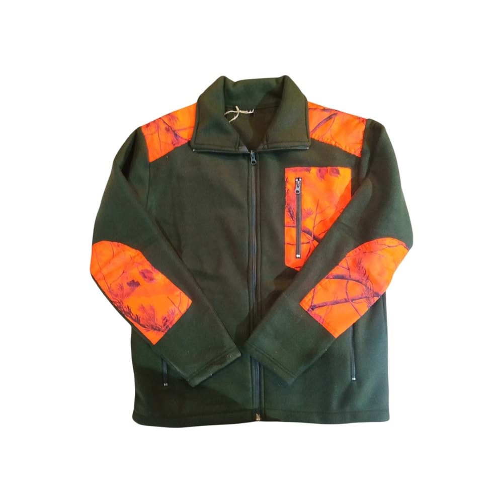 Haki Yeşil Turuncu Kalın Polar Avcı Ceket - 3XL