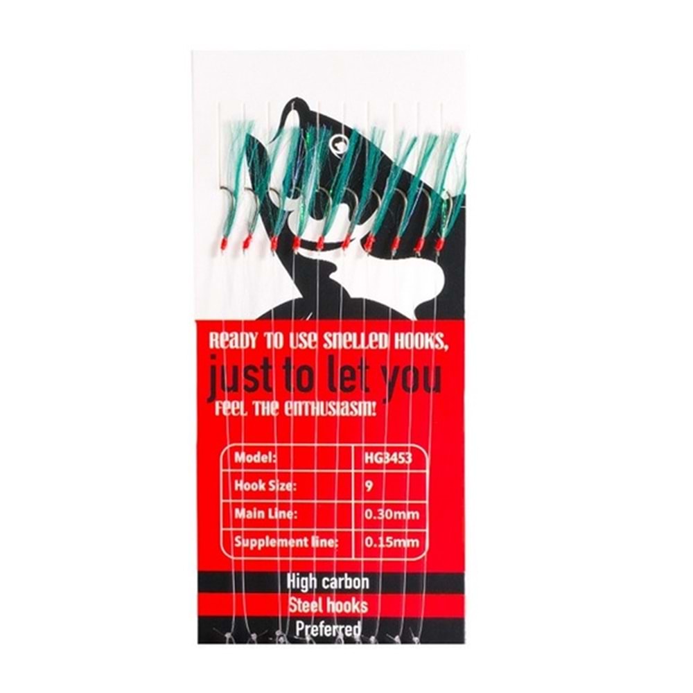 HG3453 Effe Çapari Mackarel 9 Numara 10 İğneli K.Yeşil Floşlu Hologram Simli