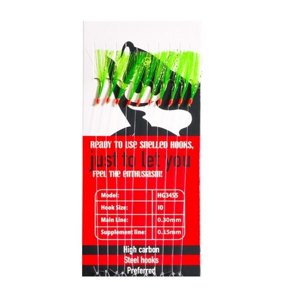 HG3455 Effe Çapari Mackarel 9 Numara 10 İğneli Yeşil Floşlu Parlak Simli