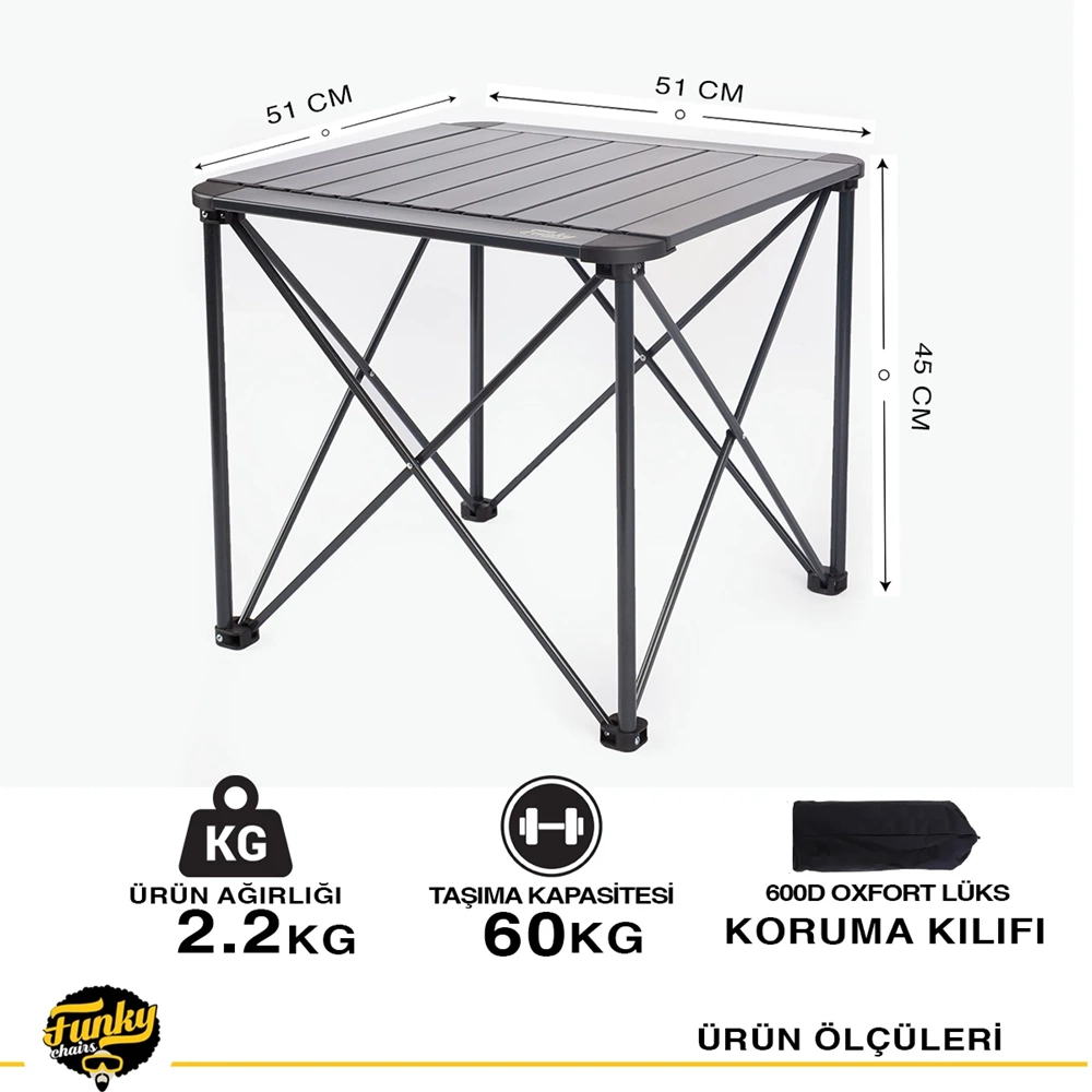 Funky Chairs Titanium Katlanabilir Çantalı Alüminyum Kamp ve Piknik Masası Küçük 51x51x45