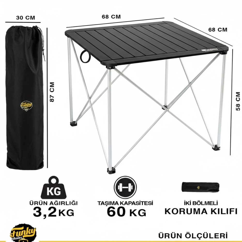 Funky Chairs Titanium Katlanabilir Çantalı Alüminyum Kamp ve Piknik Masası 68x68x58 Siyah