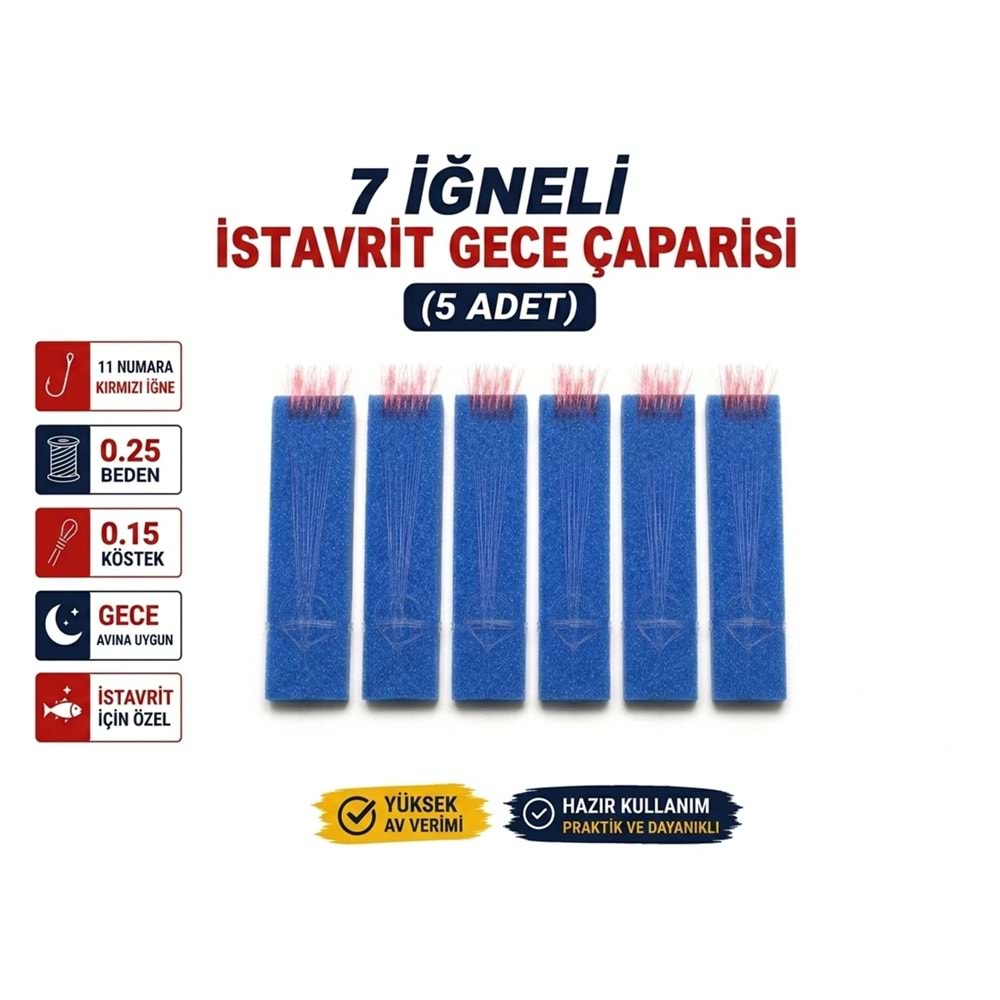 5 Adet - 11 Numara Kırmızı İğne Pembe Simli - 7 İğneli İstavrit Gece Çaparisi 0.25 Beden 0.15 Köstek