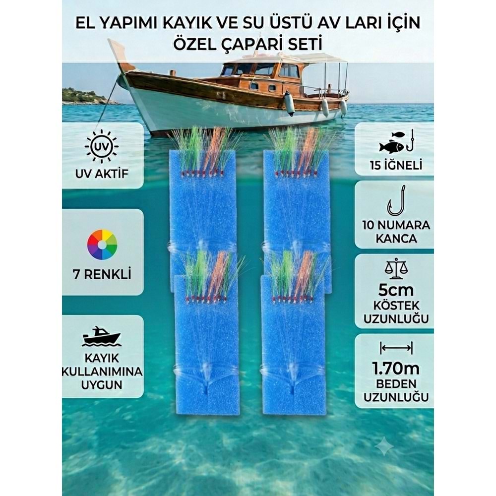 4 Adet - 15li Kısa Köstek 10 Numara Beyaz İğneli 7 Renkli İstavrit Çaparisi 1.70m Beden 0.25mm Beden 0.15mm Köstek