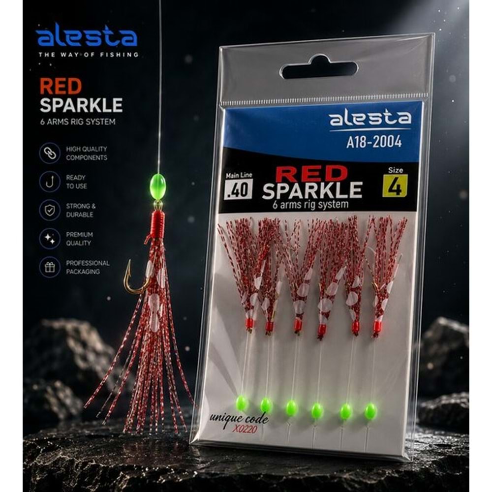 Alesta Red Sparkle Rig X0225 6 Kanca 0.40 Beden #4 Numara İğneli Kırmızı Simli Palamut Çaparisi A18-2004