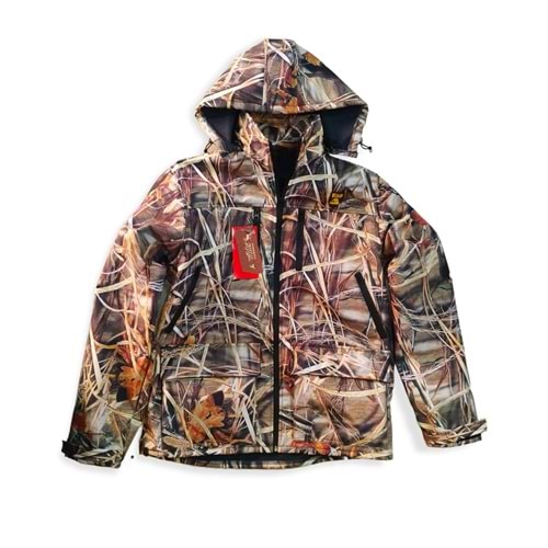 Softshell Sazlık Desenli Kamuflaj Kapşonlu Avcı Montu