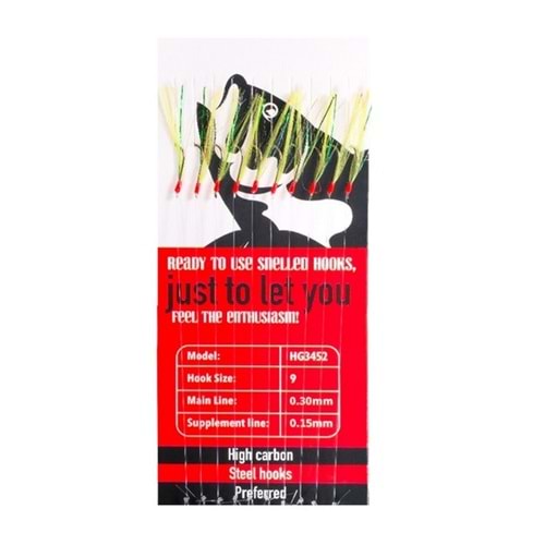 HG3452 Effe Çapari Mackarel 9 Numara 10 İğneli A.Yeşil Floşlu Yeşil Simli