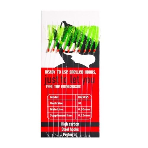 HG3455 Effe Çapari Mackarel 9 Numara 10 İğneli Yeşil Floşlu Parlak Simli