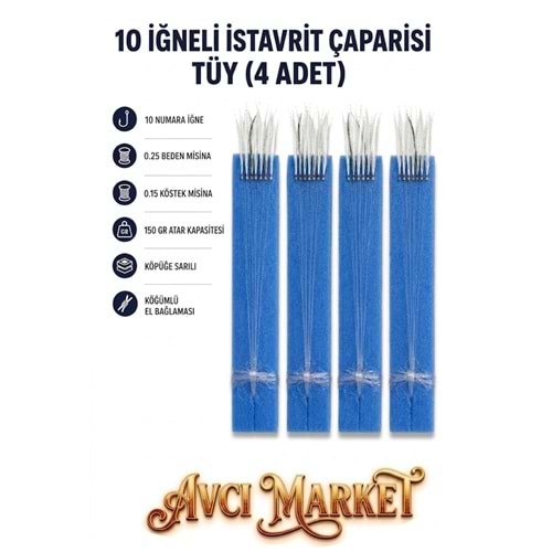 4 Adet - 10 Numara İğne - 10 İğneli - 150gr Atarlı 0.25 Beden 0.15 Köstek Beyaz Tüy Çapari