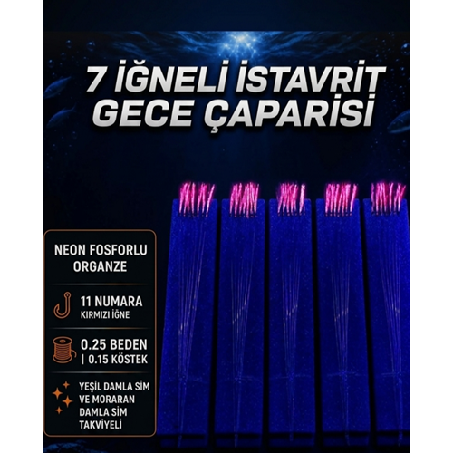 5 Adet - 11 Numara Kırmızı İğne Pembe Simli - 7 İğneli İstavrit Gece Çaparisi 0.25 Beden 0.15 Köstek