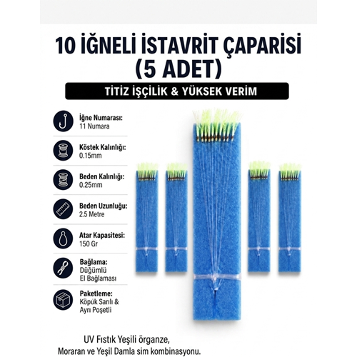 5 Adet - 11 Numara Beyaz İğne Yeşil Sim - 10 İğneli İstavrit Çaparisi 0.25 Beden 0.15 Köstek
