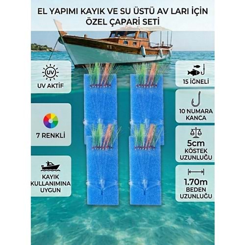 4 Adet - 15li Kısa Köstek 10 Numara Beyaz İğneli 7 Renkli İstavrit Çaparisi 1.70m Beden 0.25mm Beden 0.15mm Köstek