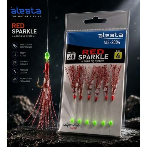 Alesta Red Sparkle Rig X0225 6 Kanca 0.35 Beden #6 Numara İğneli Kırmızı Simli Palamut Çaparisi A18-2006