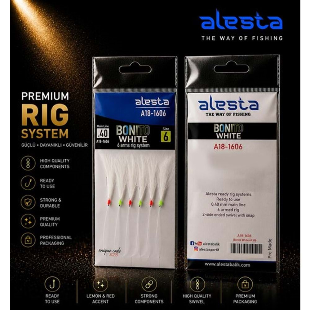 Alesta Bonito White Rig X0278 6 Kanca 0.40 Beden #6 Numara İğneli Beyaz Tüylü Palamut Çaparisi A18-1606